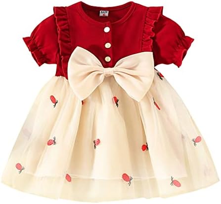 KAGAYD/ Рокля за момиченца, дрехи за малките Момичета с къс ръкав, нос, плодов принтом, Тюлевое Рокля на Принцеса, Рокля за танци, Облекла (Red, 2-3 години)