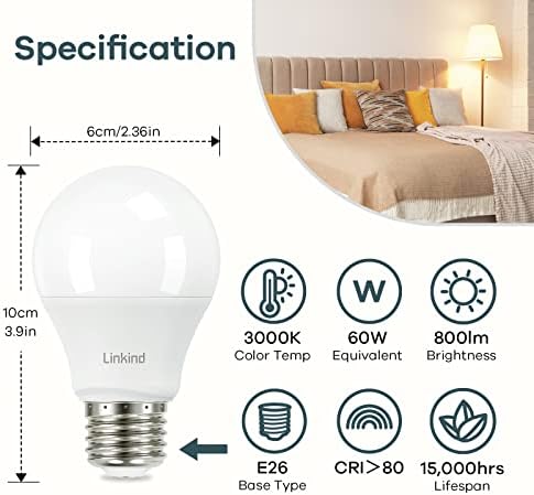 Led лампа Linkind A19, което е равно на 60 W, топло Бяла 9 W 3000 До, led лампа 800 Лумена Без регулиране на яркостта Стандартна база E26, енергийно ефективен е в списъка на UL, 6 бр. в оп?