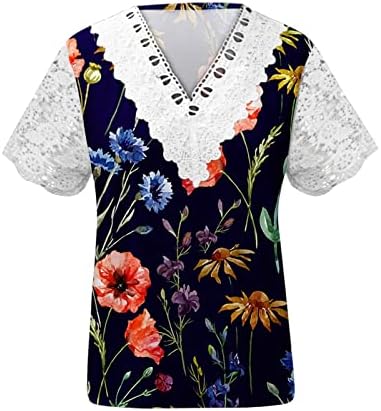 Модни Тениски за Жени, Вязаная на една Кука Лейси Блуза с V-образно деколте, Цветен Принт, Деколте, Ризи с Къс