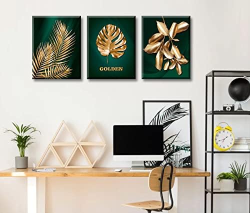 Зелен и Златен Декор на стените - Изумрудено-Зелен Декор на Банята Златното Тропическо Растение Платно на Стенно