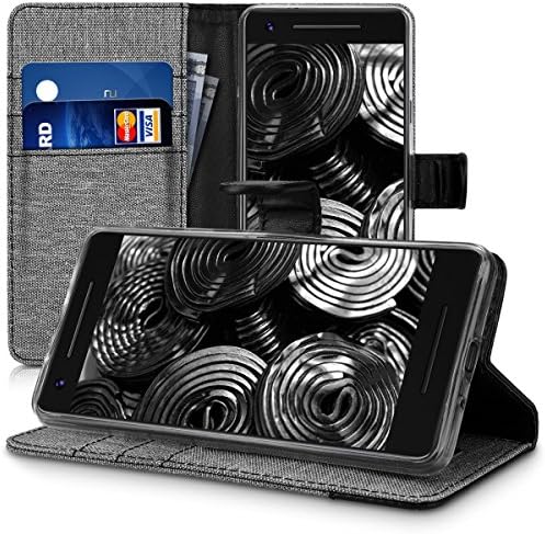 чанта-портфейл kwmobile, съвместим с Google Pixel 2 - Калъф от плат или изкуствена кожа с панти капак за телефон - Сив / Черен