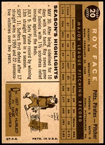 1960 Topps 20 Рой Face Питсбърг Пайрэтс (Бейзболна картичка) EX/MT Пирати