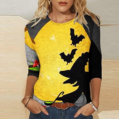 Жълти Дамски Блузи с кръгло деколте, Празнична Блуза за Късна закуска на Хелоуин, Фланелки с ръкав 3/4 Прилеп Вещица, Графични Върховете Свободно Намаляване на SI XL