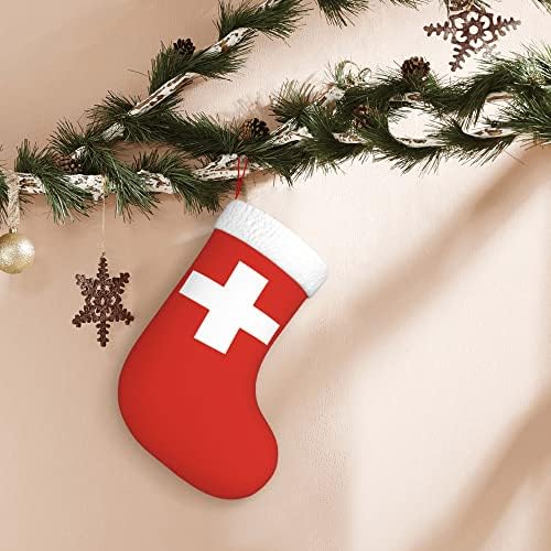 QG ZZX Коледни Чорапи с Бяла Супер Меки Плюшени Белезници, Коледни Чорапи с Швейцарския Флаг, Коледна Украса,