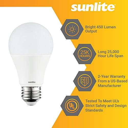 Стандартна крушка Sunlite 41598-СУ LED A19, 6 W (еквивалент на 40 Вата), 450 Лумена, Средна база (E26), с регулируема яркост е в списъка на UL, Energy Star, 5000K Super White, 12 бр.