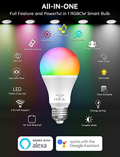 Ярката Умна лампа Алекса, 16 W Еквивалент на 150 W, Wi-Fi Синхронизиране на музика, RGBCW, които променят цвета