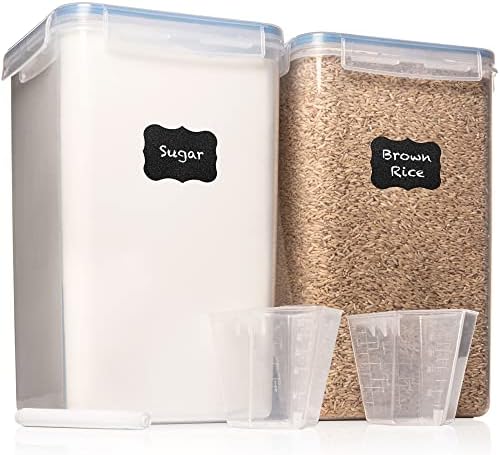 XXL 7 qt / 6,5 л / 220 грама Херметични контейнери за съхранение на храна [Комплект от 2] ШИРОКИ и ДЪЛБОКИ + БЕЗПЛАТНО 2 Размерите чаши + определени за захар, брашно - Прозрачна