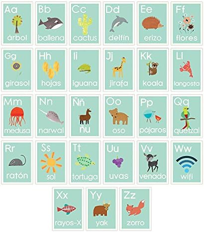 Картички с испански Азбука Размер 08x10 Инча, Синята Природа, Рисунки по стените за деца, Интериор на детската,