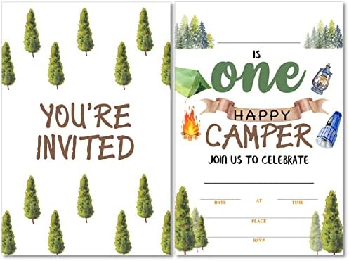 Soiceu Сладък Къмпинг One Happy Camper Покани на парти в чест на 1-ви рожден ден с Конвертами Комплект от 20 Покани на парти в гората, на възраст 1 година
