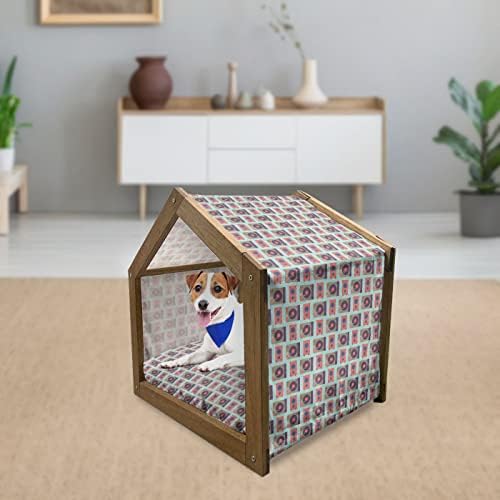 Дървена Къщичка за кучета Ambesonne Кафяво-сини цветове, Геометрични елементи във формата на цветя с Редици