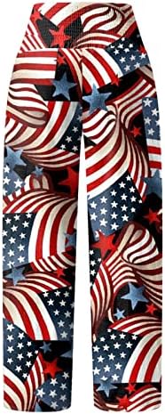 На 4 юли Широки Ленени Панталони за Жени с Рюшами под формата на Американски флаг, Разтеглив Широки Панталони