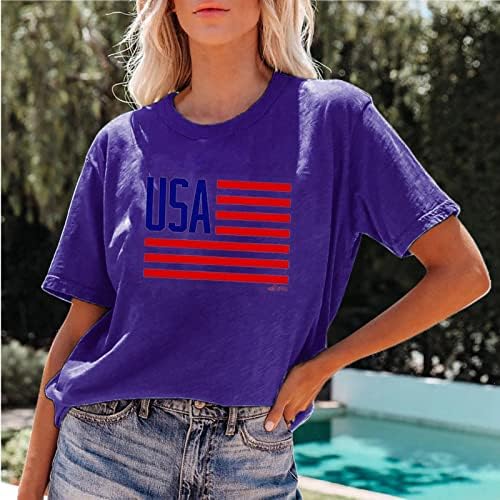 Жена топ, нова женска тениска с къс ръкав и принтом на Деня на независимостта, върхове с флага на САЩ, дамски