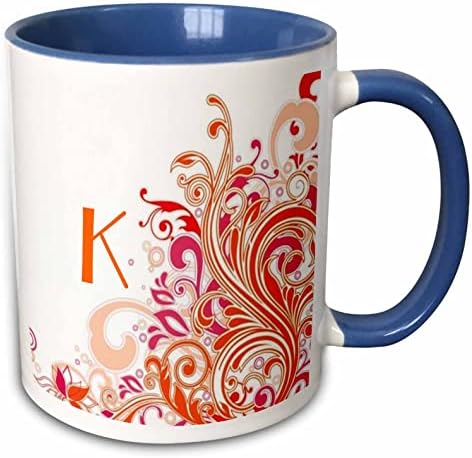 Керамична чаша 3dRose mug_62518_1 с буквата К на розови и Оранжеви завитках, 11 Грама