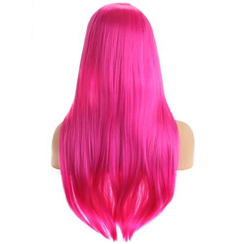 BERON 27 инча розова перука дълга права перука ярко-розова перука средна част на перука Дълга перука за дневна