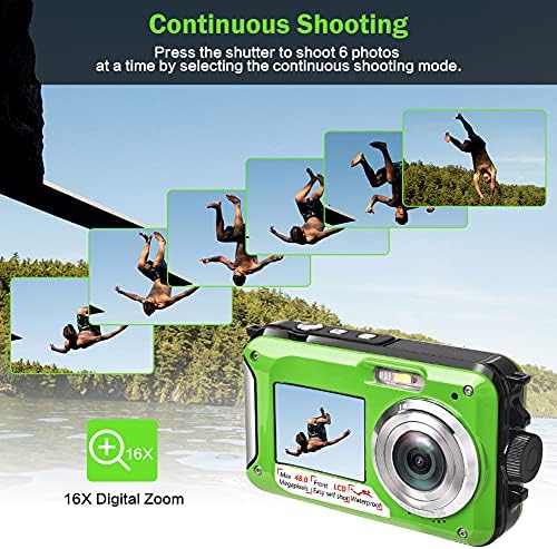 S & P Безопасна и Добра Водоустойчив Цифров Фотоапарат Подводна Камера Full HD 2.7 K 48MP Водоустойчива Камера с Двойна екран | 16-Кратно Цифрово увеличение | Фенерче Зелен Цв