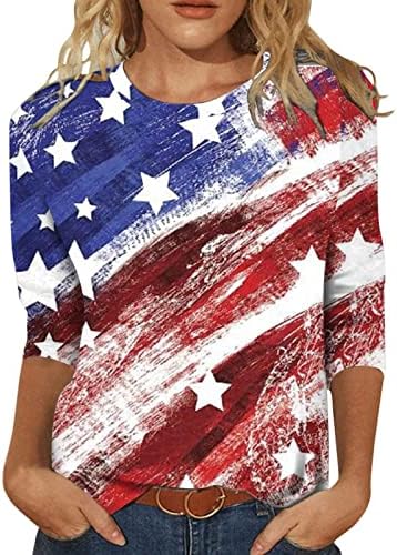 Женска тениска с американския флаг на 4 юли, Ризи с принтом Тай-боя, Блуза с кръгло деколте и 3/4 ръкави, Празнични Тениски 2023, Върхове