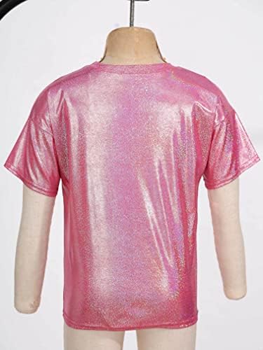 FEESHOW/ Детска Лъскава тениска с Метален Блясък за Момичета, Свободна Риза с Къси Ръкави за Момчета, Костюми