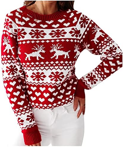 Жена Грозна Коледен Пуловер С Кръгло деколте, Червено Пуловер с Снежинками с дълъг Ръкав