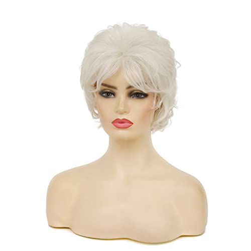 RicHyun Женски кратък бяла перука от Естествен извратени кремаво-бяла перука Синтетичен огнеупорни перука за