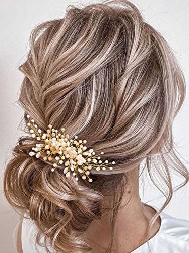 Gorais Сватбен гребен за коса на булката от планински кристал, златна перлена сватбена прическа, кристални украшения