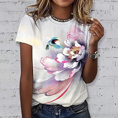 Дамски Летни Блузи с Къс ръкав, Модна Тениска с кръгло деколте и Цветисти Принтом, Графична Тениска, Ежедневни