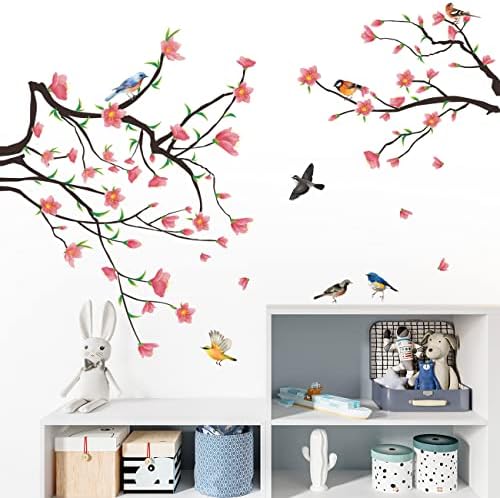 Подвижни 3D Две Извити Клони на Дърво, Листа С Цветни Летящи Птици, Стикери За Стена, Стикери за украса на стените