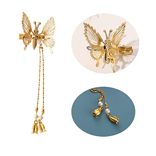 шнола с пискюл, 3D шнола с пеперуда, 4 златни и сребърни щипки за коса с подвижните крила на пеперуда, сватбена