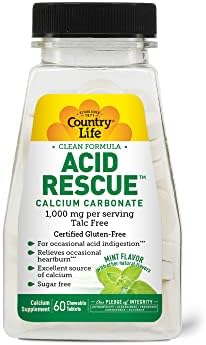 Country Life Acid Rescue Калциев карбонат, Чиста формула, 1000 мг, Без талк, 60 Дъвчащи таблетки с вкус на мента,