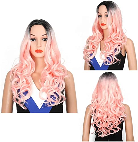 Перуки MOTOZA, черно градиентный розова перука, дълга къдрава коса, голяма вълна на коса, кожен синтетични перука