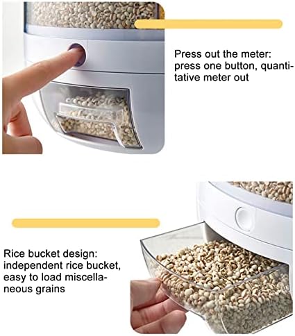 Контейнер за съхранение на ориз и зърно Kufoo с 6 решетки - Въртящ се на 360 ° Диспенсер за зърнени храни с капак влагоустойчив, отговарят на високи Домакински Запечатан